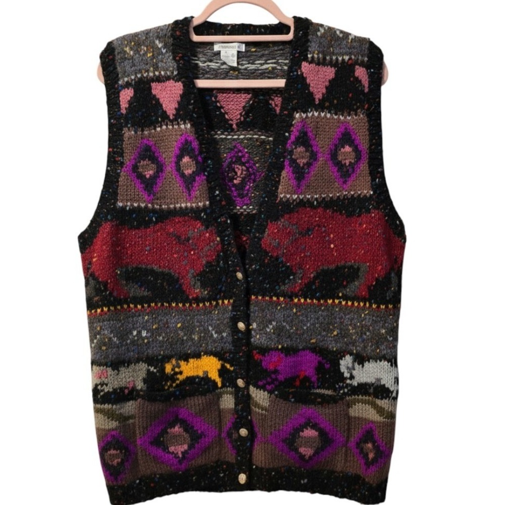Vintage 90s Susann D Sweater Vest Women Large Multi Wool Southwestern Bison Knit